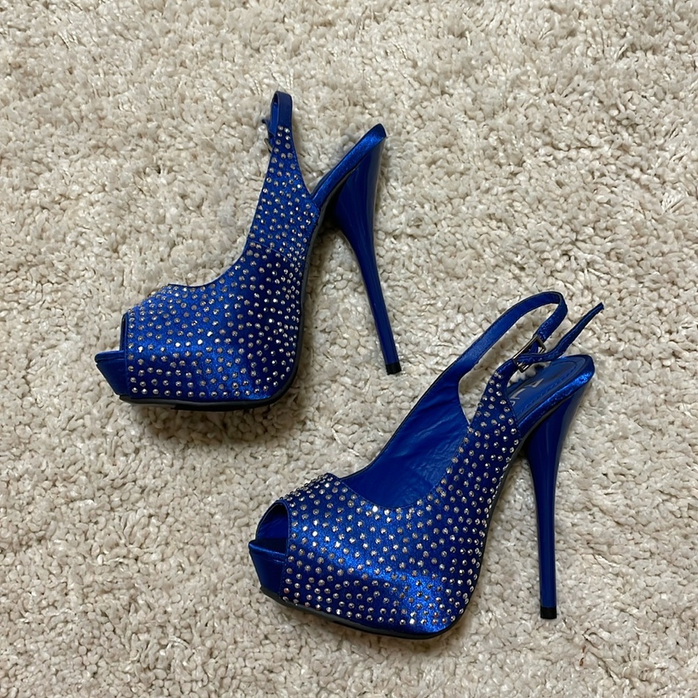 New high heel shoes 5.5” open toe sling back Royal Blue rhinestones 6.5